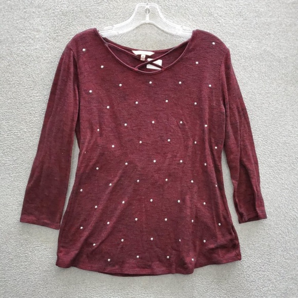 Juicy Couture Women Sweater Medium Maroon Rhinestones Polka Dots‎ Long Sleeve
